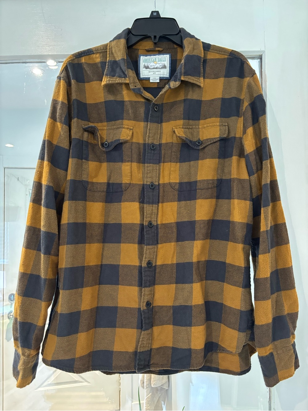 American Eagle Outfitters Men’s Brown and Black Plaid Button-Down Shirt